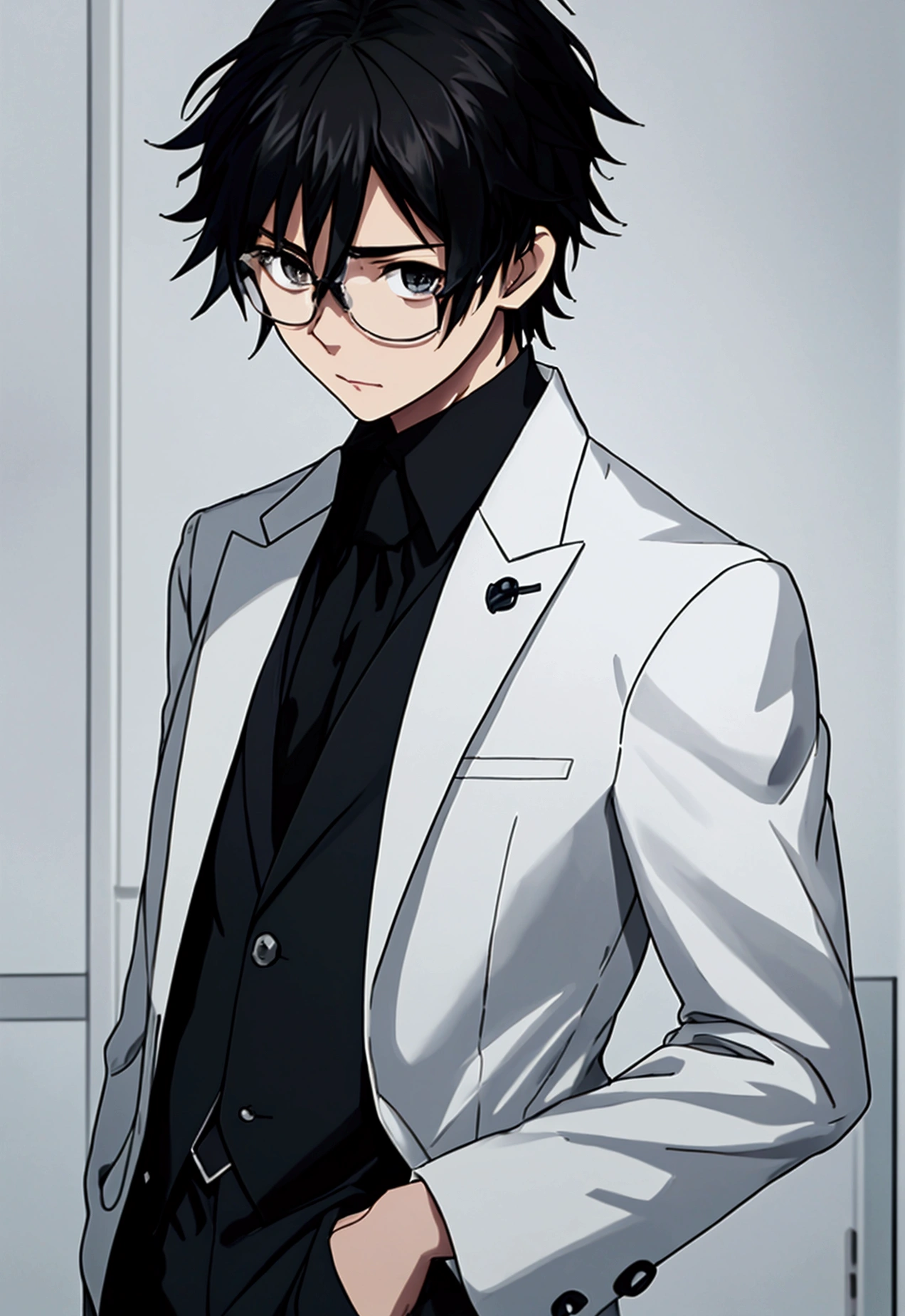 White and slim build。like々Her face was dark and messy, her hair falling over her forehead.、It accentuates her sharp almond-shaped eyes.。With sharp features、A mysterious gaze peeking through thin-framed glasses。黒いフォーマルなclothingに、White Lab Coatを羽織っている。clothing: Black tailored suit、White Lab Coat、Dark slacks、Leather Dress Shoes。ager male, black hair