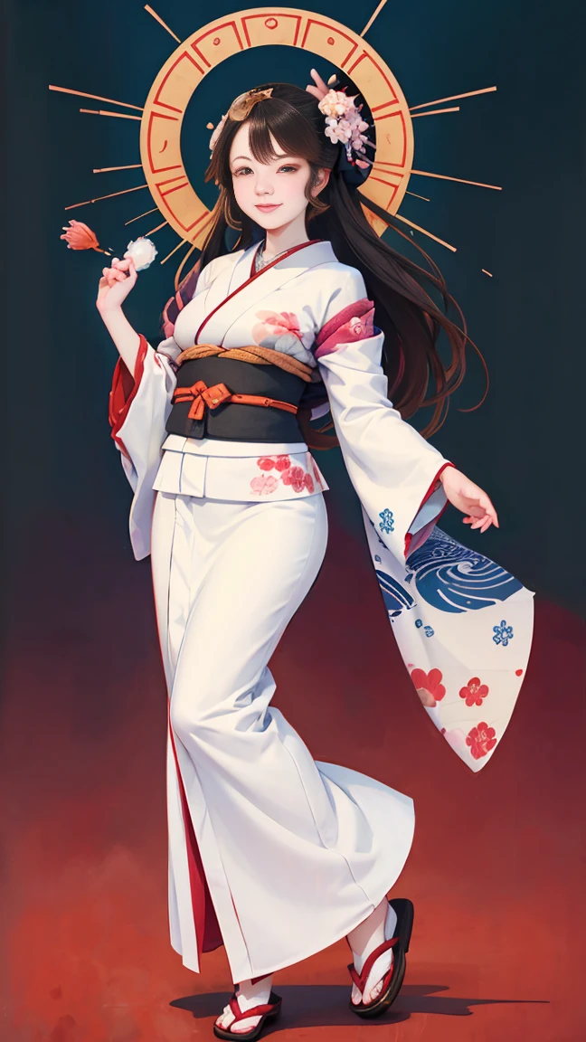 A beautiful woman smiles and shows her upper white teeth、Vividly colored Japanese Ukiyo-e style illustrations、(SeaArt creates stunning illustrations of beautiful women in kimono)、Brown-black long hair、Beautiful full body style、Let's dance a little Tokyo Ondo Yoiyoi、Beautiful new digital paintings,、Bright vibrant digital anime art、 Detailed digital anime art、 Beautiful anime portraits、background、Torii gate of a shrine in Kyoto, Japan、Detailed CG、