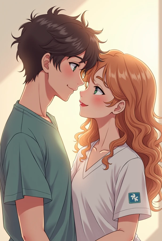 Man with curly hair and woman with curly hair anime couple of nurses
