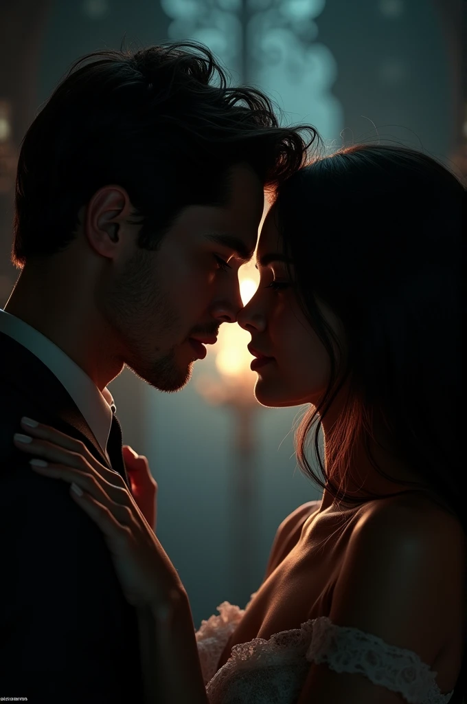 photorealistic, (couple portrait) Kaya Scodelario and Matthew Daddario as lovers, intimate lovers' gaze, shadows creating a mysterious ambiance, (dark) color scheme, dramatic lighting emphasizing their expressions, soft focus on the background, emotionally charged atmosphere, high-quality detail, ultra-detailed textures, moody and intimate setting.