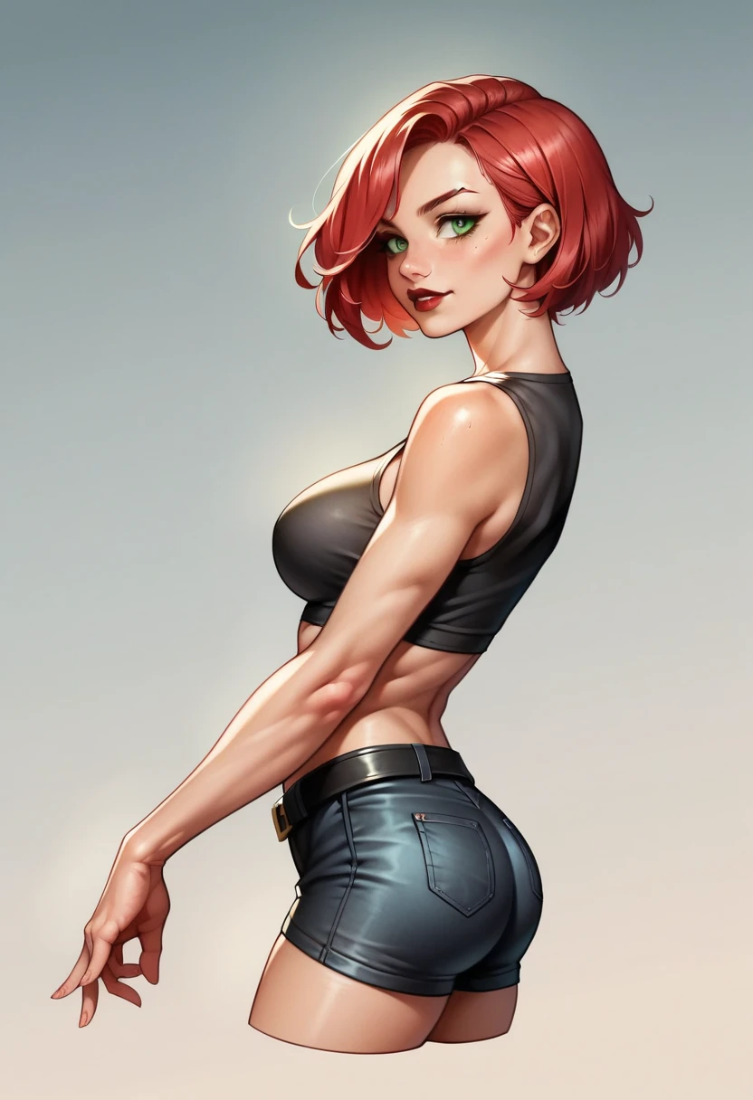 (high-level image quality), (high quality), (high resolution), (detailed), (masterpiece), beautiful woman, ((caucasian)), green eyes, red hair, short hair, dark red lipstick, perfect eyes, Detailed face, cropped top, black shorts, black belt on the waist, portrait, malicious face, back view, side view