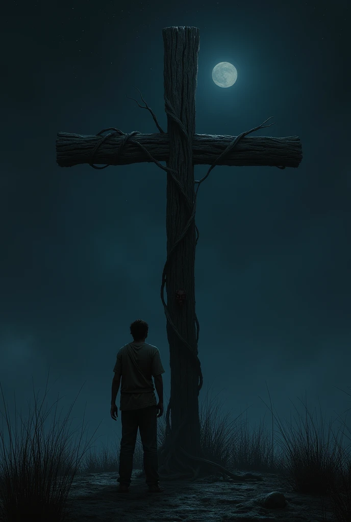 1 man standing next to a cross scared at night 
