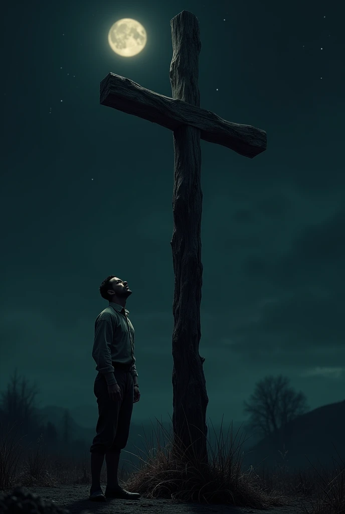 1 man standing next to a cross scared at night