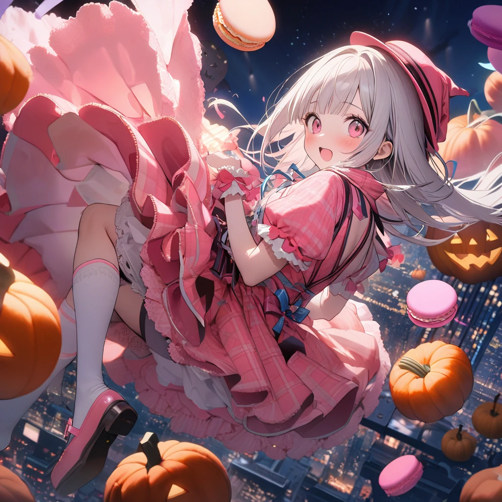 (8K, best quality, master piece: 1.2),ultra-high resolution,1 idol,solo,ultra-detailed face,detailed eyes,red eyes,mascara,blunt bangs,straight hair,Silver hair,long hair,zero gravity flight,flying,full body,tartan check Patterned Coral Pink Halloween costume(Coral Pink:1.5),tartan check Patterned Coral Pink witch hat with Ribbon(Coral Pink:1.5),knee-high socks,Coral Pink mary janes(Coral Pink:1.5),Sky blue ribbon tie,looking at viewer,blush,happy,rim light,from side,detailed background,(3 pumpkins are floating in the sky:1.2),(many lollipops are floating in the sky:1.2),(meny macarons are floating in the sky:1.2),night sky,over New York City residential area