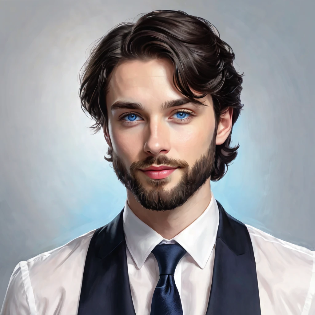 Semi realistic illustration portrait of young man, pale white, with a well-groomed beard and short wavy black hair. blue eyes, Warm and charming look, with a slight smile on the corner of his lips, slim build. Noble appearance of prince. Dressed in elegant black suit, white shirt and tie. 