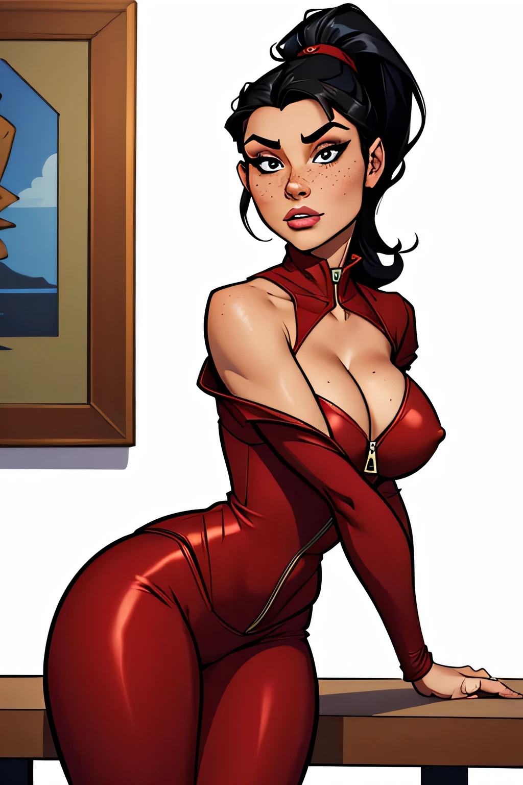 Thin woman (Elexis Sinclaire), age 25, 4K (High definition), series, seducing gaze, eyes browns, wearing red dress (with side zipper, shortsleeves, V neckline), arms positioned at the side of the body, pele caucasiana, Bblack hair (up to the shoulders), standing (inclined trunk, hands on a table in front of you), full of curves with freckles on her chest and neck, natural round breasts. High-quality Marvel style, white background.