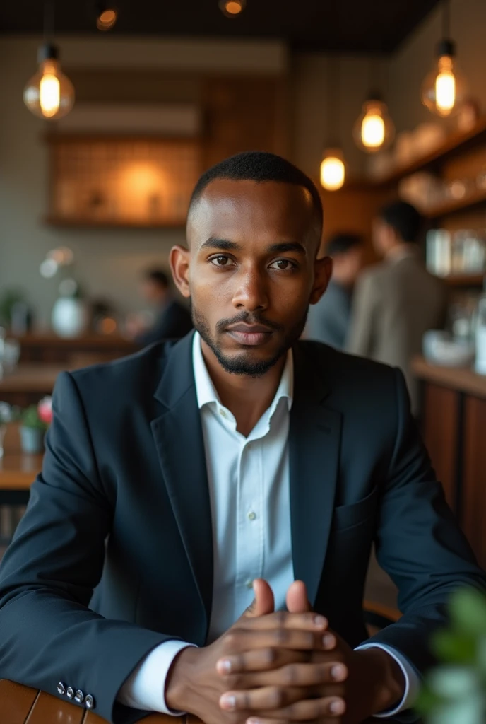 Somali boy age 20 years old wearing suit sitting in the coffee shop have French crop haircut seening the camera