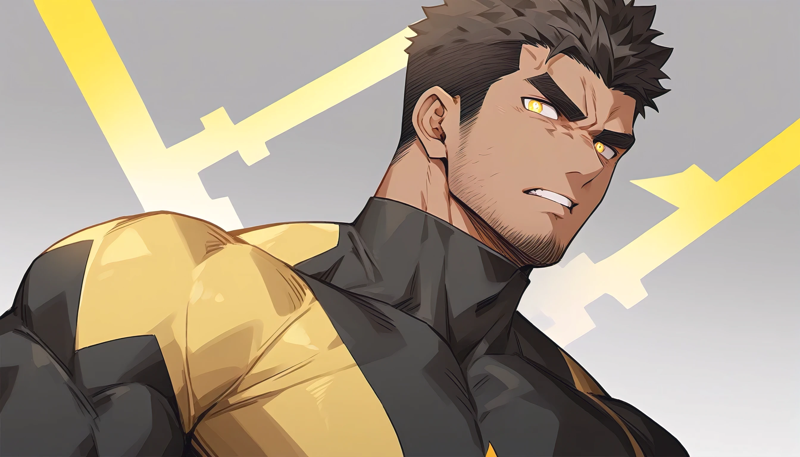 anime characters：Gyee Chris Redfield, Muscle Sports Student, negro black skin, 1 dark skin muscular tough guy, Manliness, male focus, Light yellow high collar long sleeve tight T-shirt, Very tight, Round, full and perky chest muscles, Slightly transparent, muscular male, muscular, only, Upper body, alone, Black short hair, Thick eyebrows, stubble, Yellow eyes, Grey background, simple background, amazing quality, best aesthetics, Ridiculous, bright pupils, crew cut, parted lips, frown, angry, drop shadow, best quality