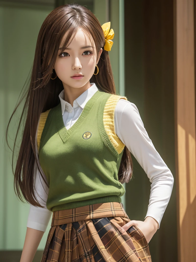 Masterpiece, best quality, ai-generated,official art,dragon ball,android 18,1girl, solo,standing split,
Mikan Yuuki, brown eyes, brown hair, hair ornament,long hair,green plaid skirt, sainan high , , white shirt, yellow sweater vest