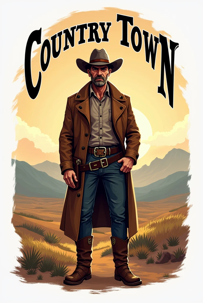 Logo for youtube with the name country town and a cowboy from the old west in the background