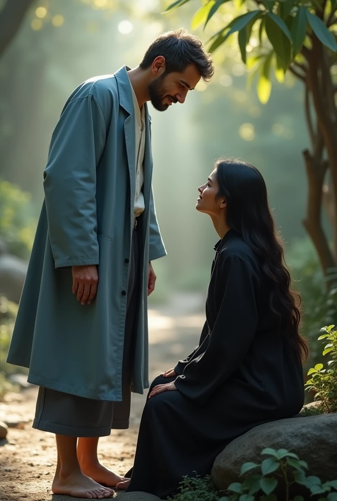 
Realistic close up scene of a single 40 year old man, Without beard,  white black short haired caucasian, barefoot western, standing, wearing a light blue suit, pants and a doctor or monk style jacket Spiritual, with a relaxed attitude and a slight smile. Without beard. In a spiritual environment, interacting with a white western woman with long black hair, what is medium, wearing black clothes. The man is next to the woman and the woman is sitting. The man WITHOUT a beard 

