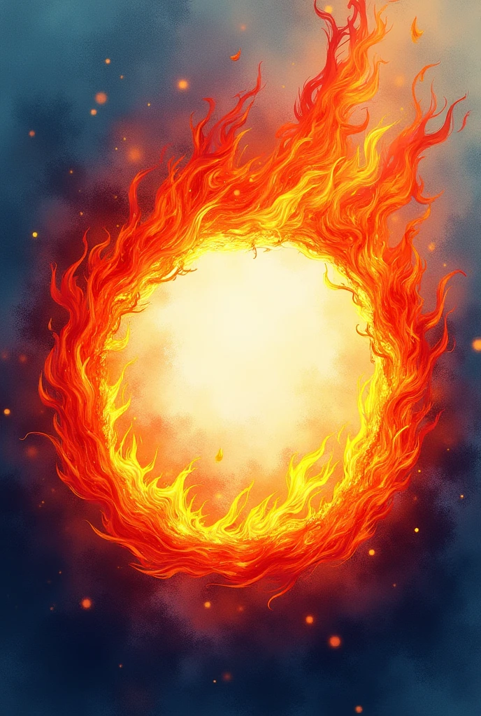 Create a circle on fire. Using the combination of watercolor and mixed media colored pencils. Use vibrant colors. The light source is in the upper right corner.
