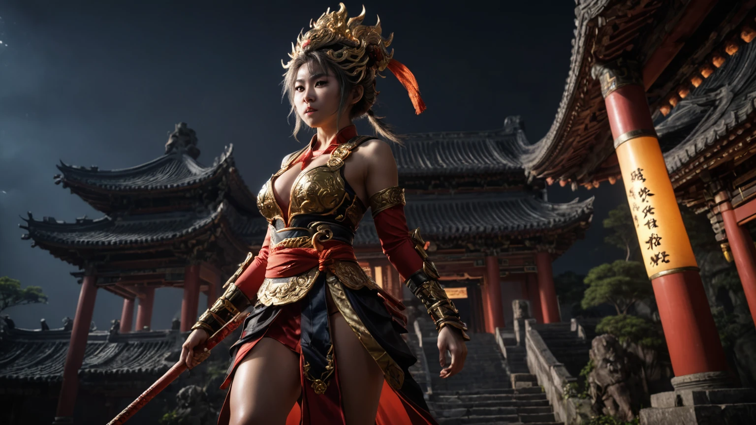 An ancient Chinese temple ruin, inspired by the game Black Myth Wukong, (low angle view), at dark night. (1girl, solo, alone), female Sun Wukong cosplayer, medium-breast slim:0.6 body, oval:0.5 monkey face, cleavage:1.1, Wukong's costume and outfits, (slightly leaning forward running pose), half-body thigh level medium shot, cinematic lighting, ray tracing.