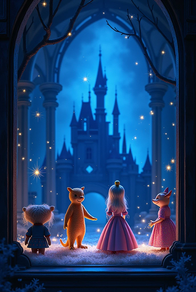 A scene from a store window. The background of the scene is dark blue with the shadow of the Disney castle and star sparkles and magic.