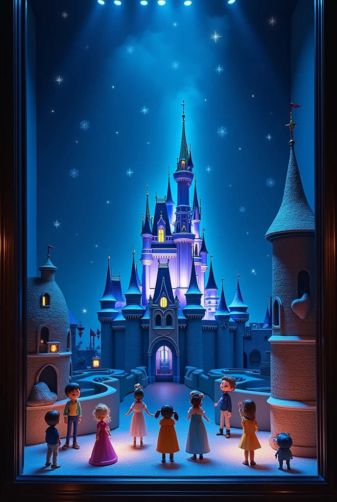 A scene from a store window. The background of the scene is dark blue with the shadow of the Disney castle and star sparkles and magic.