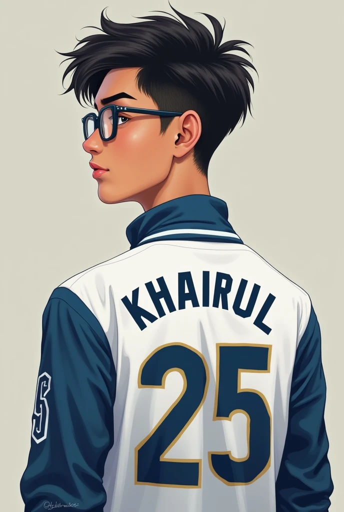 "A 20 years old male wearing glasses,have a thick lips,small eyes,height 165,wearing white shirt with number 25 on the back and name "khairul" writen and blue pattern,bright skin,no tattoo and he look religious and HE IS WEARING GLASSES"