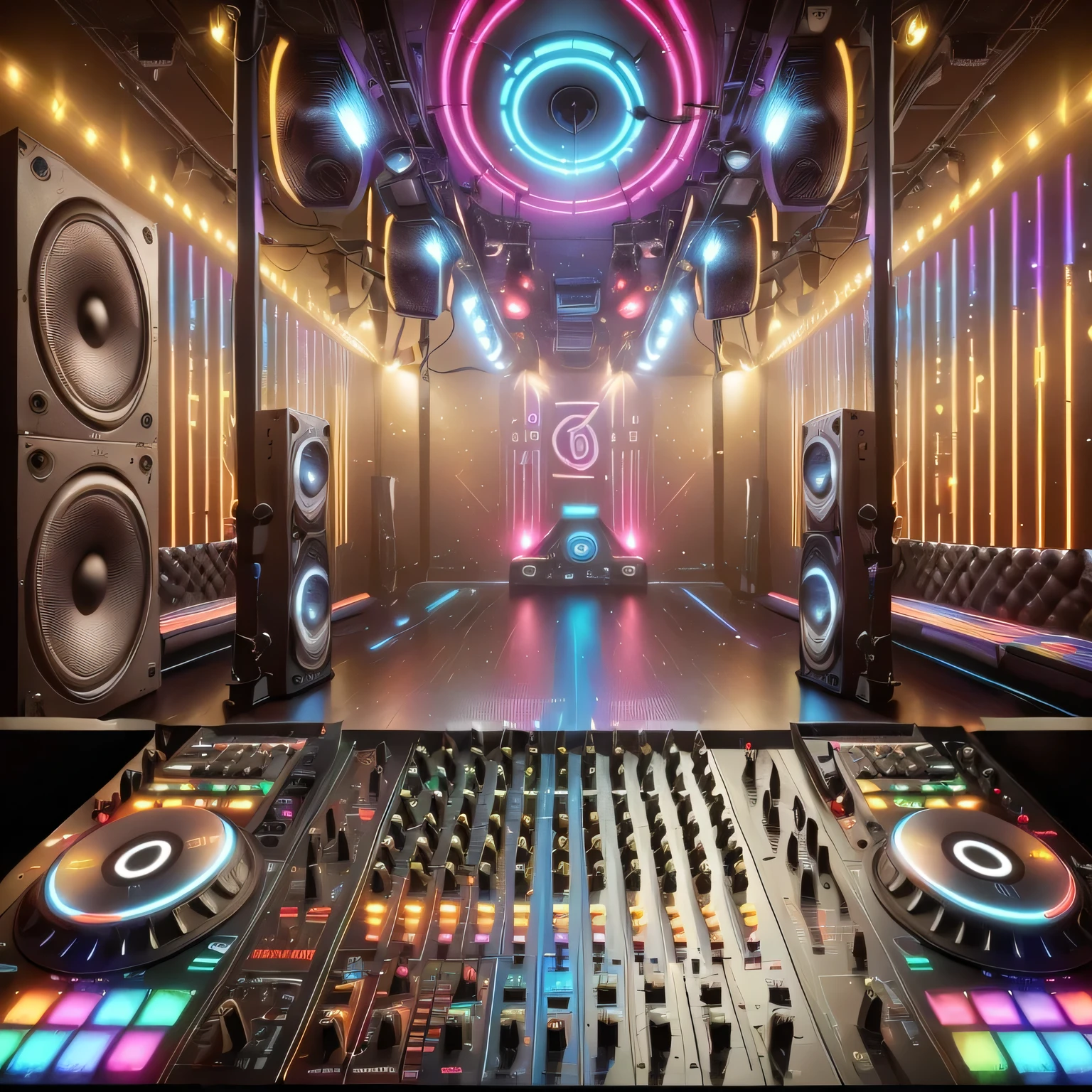 a close up of a dj mixing desk with speakers and lights, night club background, stage in a club, best in stock from Adobe, dance hall background, dj, cyberpunk night club, mixer rendering, cyberpunk scene, night club, dj mixer, beeple-style hybrid mix, reflecting light in a night club, photoreal octane rendering, futuristic scenery, urban music studio, dance floor