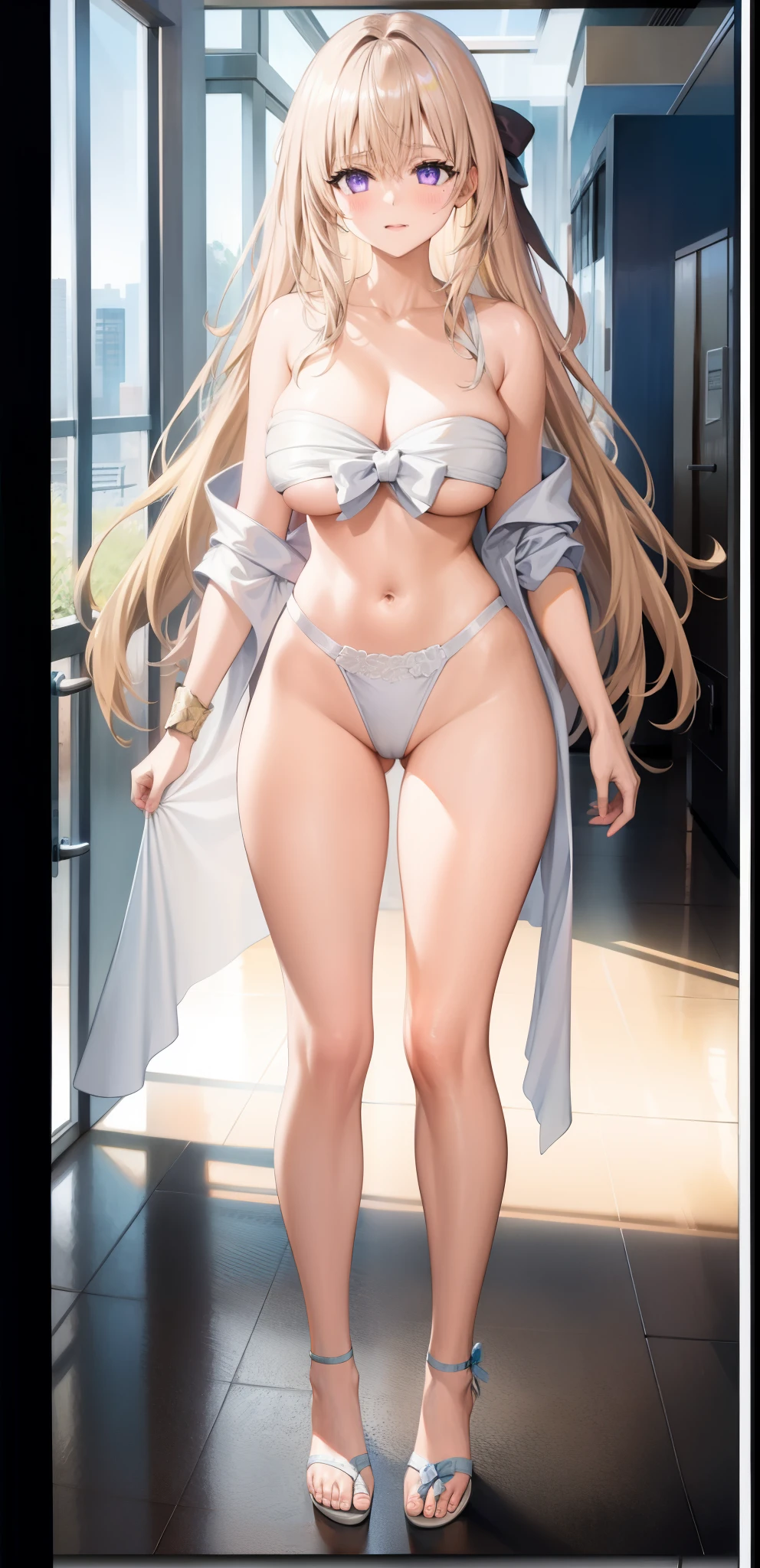 girl,Large Breasts,long hair,Topless,Bow,Blonde Hair, Purple Eyes, Cleavage,Large Breasts,whole body,NUDE