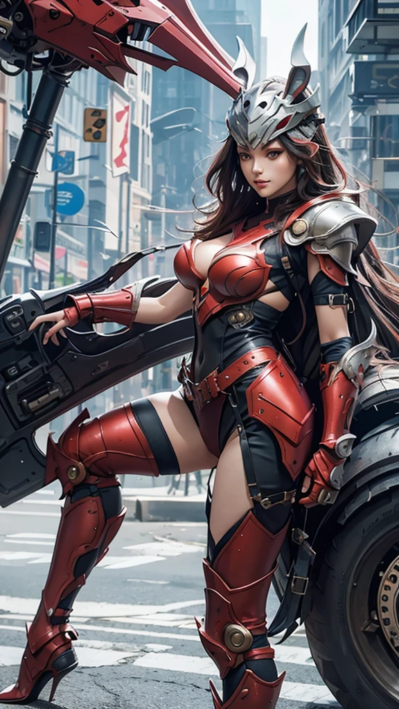 1girl,perfect body, big breast, wearing a tights red armor, futuristic punk armor, wearing a futuristic helmets, helmet have ear like rabbit, 