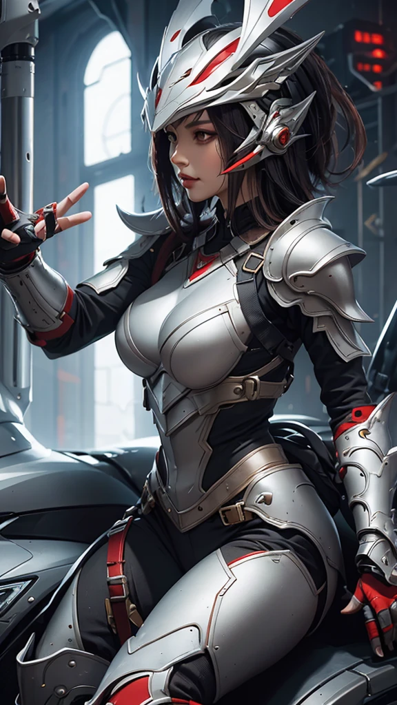 1girl,perfect body, big breast, wearing a tights red armor, futuristic punk armor, wearing a futuristic helmets, helmet have ear like rabbit, 