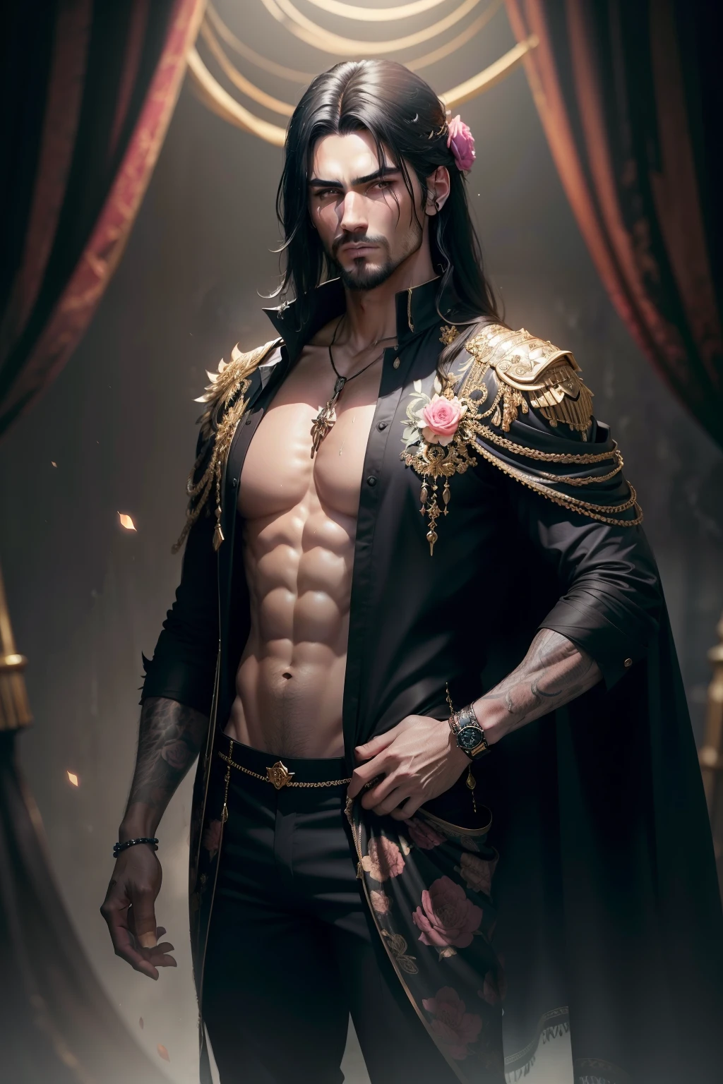 (8k,shipmentsrrealista　shipments　Maximum quality;1.4) (1  boy) Super handsome king of the underworld　(lifelike face) 　(long wet black hair, shiny black floral hair)　slenderbody　Muscular and hairy and macho　Shiny black floral aristocratic outfit with large golden eyes　black shiny floral decoration　Fangs peeking out of the mouth　Pointed claws　a seductive gaze　Beautiful expression　A hyper-realistic　(King of the Underworld)　appealing　(real looking skin)　super high resolution　high détail　Luxury black floral pants　black pink black aura emanating from the body　effect　 black floral transparent cover 