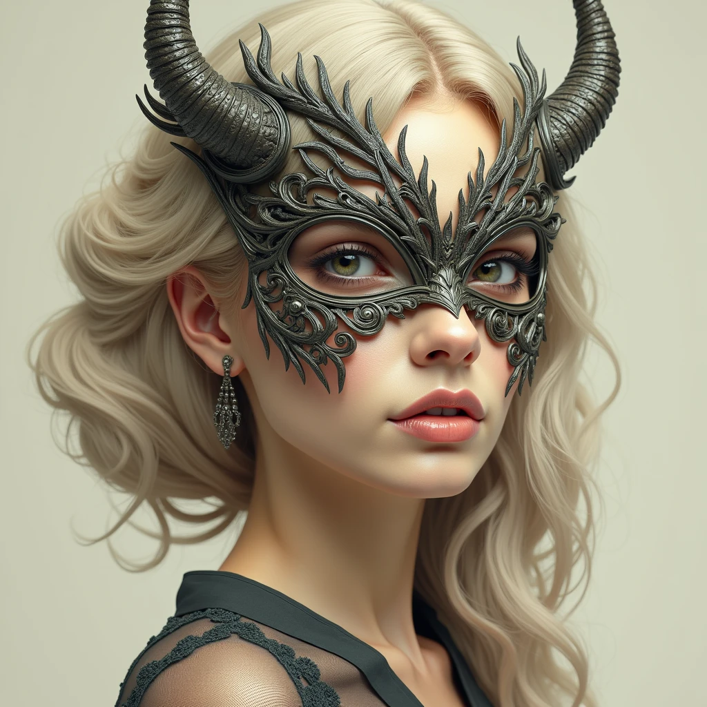 Demon Woman Head with Decorative Mask Demon Mask: Instead of just having horns, imagine a woman with feminine features wearing a partial demon mask. The mask covers half of the face, with Art Nouveau style ornaments, like vines and arabesques, that extend from the eyes, mixing the demonic with the ornamental.
Human Part Exposed: The other half of the face is left free, revealing her natural, feminine beauty, with big, soft eyes, creating a contrast between the demonic side and the human side.
Hair with Fluid Details: Hair spreads in soft waves and spirals, framing the head with typical Art Nouveau shapes, but without exaggerating the details.
Paleta de cores: The demonic side of the mask could have dark, metallic tones., while the human side of the woman would have soft and delicate tones to accentuate the contrast.