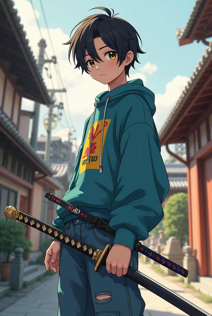 a young samurai in a sweatshirt and jeans , holding a Japanese cartoon style katana