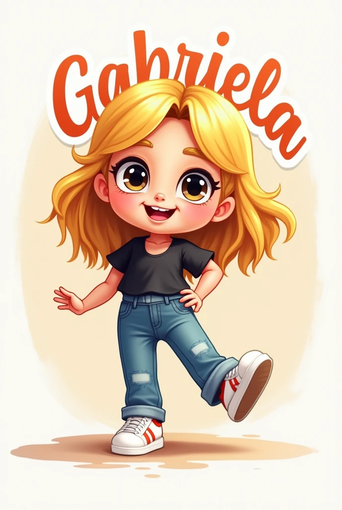 create a cute cover with the name Gabriela with a cute mascot drawing of a happy smile, big blonde hair, skin fair,
dressed in a black blouse, jeans and white sneakers