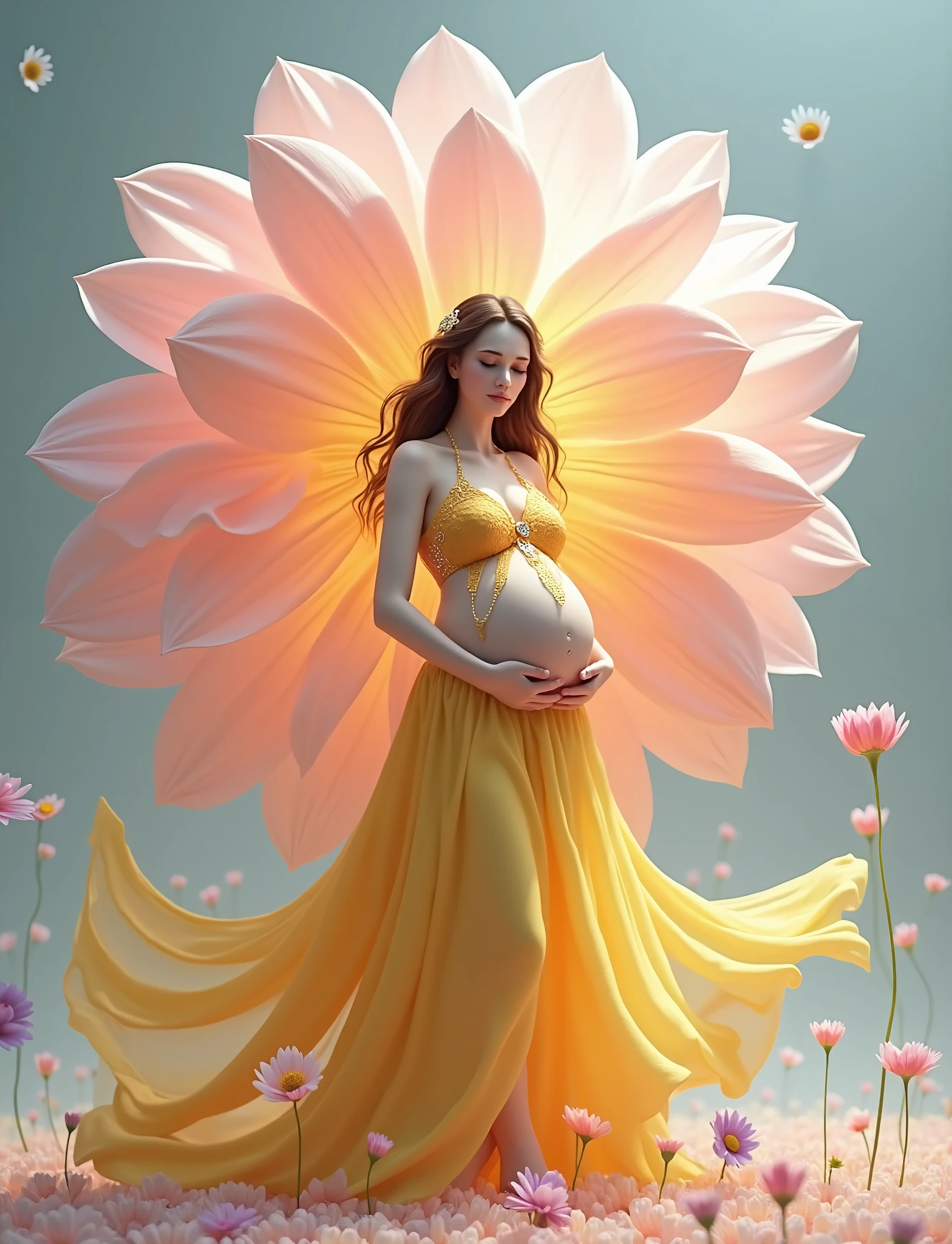 pregnant woman in a red dress standing in a field of flowers, digital art inspired by Igor Kieryluk, cgsociety contest winner, digital art, beautiful digital artwork, maternal photography 4 k, beautiful gorgeous digital art, beautiful digital art, beautiful digital illustration, gorgeous digital art, perky woman made of petals, stunning digital illustration, very beautiful digital art, a beautiful artwork illustration