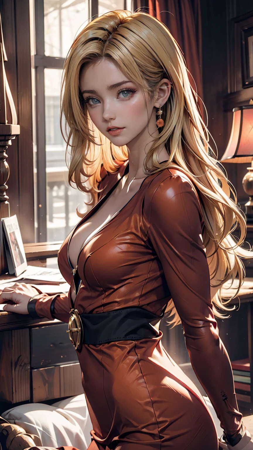 (Photo of your face:1.2), woman (Amber Heard), Red dress, blonde, Amorous
