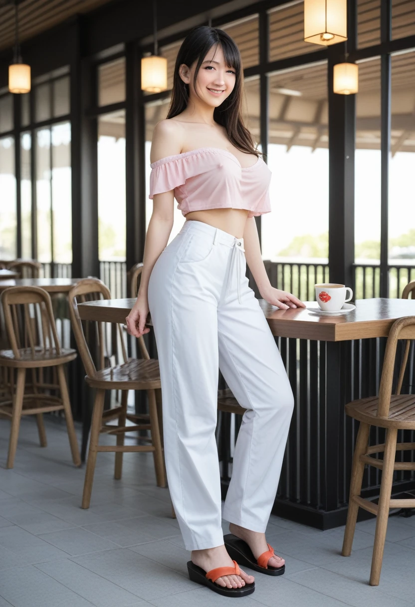 score_9, score_8_up, score_7_up, BREAK rating_explicit,(photo-realistic:1.2),(professional photo), realistic photo,subsurface scattering, volumetric lighting, light from the front, BREAK 1 female,22years old,kawaii,((Japanese)),Japanese idol face,black long straight hair,realistic skin texture,solo,kawaii, perfect body, BREAK (wearing pastel off shoulder top), BREAK (light brown long wide pants,sandals),(pale skin),(slender body),large hip, (blushing),day,bluesky,cafe,(standing),(hot coffee & 1 cake on the table),from head to knee shot,visible shadow of erect nipples,smile, Big Breast,
