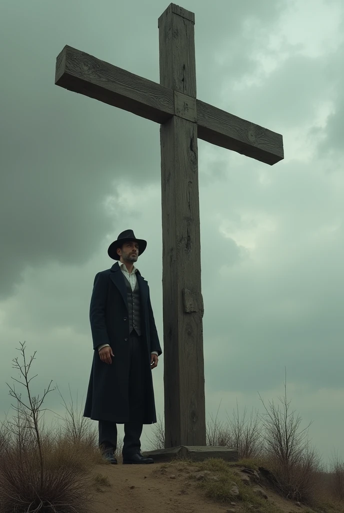 1 man standing next to a cross scared in 19th century clothing