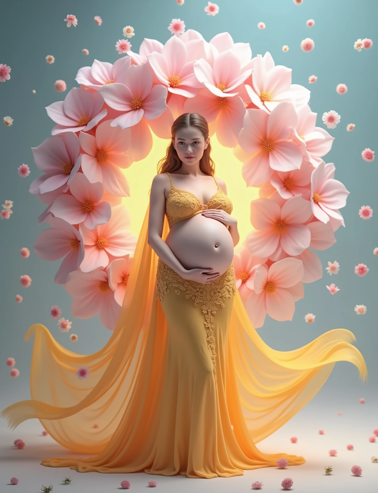pregnant woman in a red dress standing in a field of flowers, digital art inspired by Igor Kieryluk, cgsociety contest winner, digital art, beautiful digital artwork, maternal photography 4 k, beautiful gorgeous digital art, beautiful digital art, beautiful digital illustration, gorgeous digital art, perky woman made of petals, stunning digital illustration, very beautiful digital art, a beautiful artwork illustration