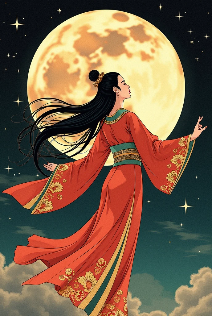 ((best quality)), moon goddess chang'e and a moon behind and ancient Japanese style and flying as if she wanted to reach the moon, One of her hands is raised towards the moon, It must look old, the sleeves of his suit are long , the moon is very far away from her old