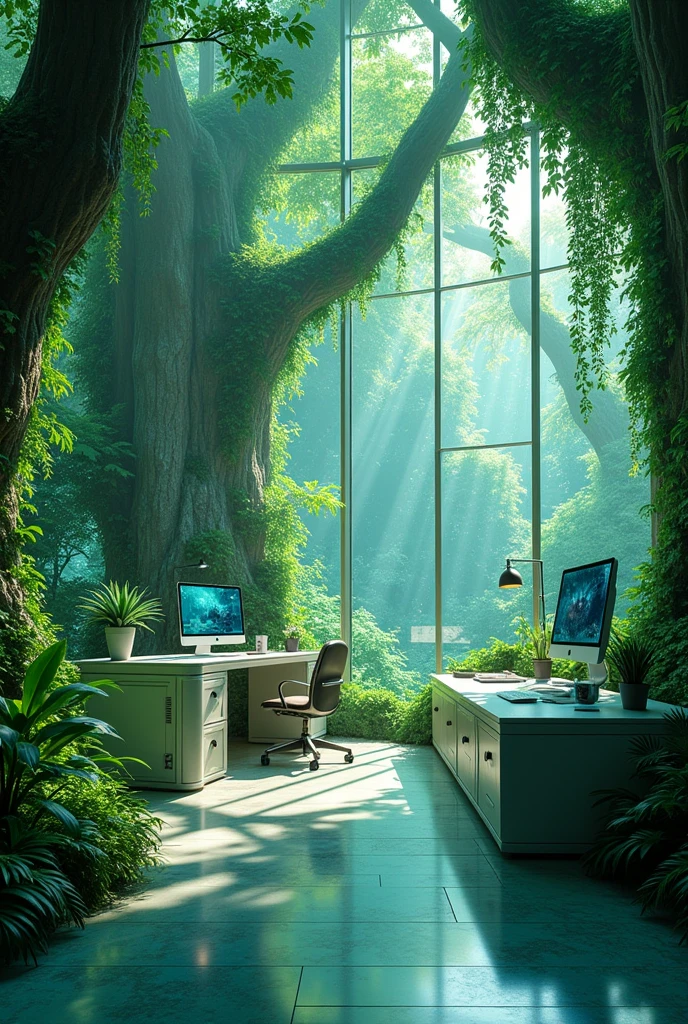 A room with futuristic nature, forests, desk, things to work on. With bright colors using greens and turquoises. creative 
