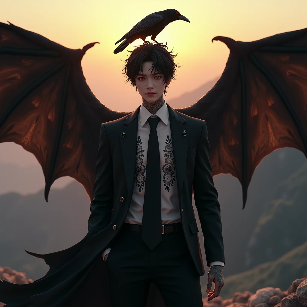 Angel asian male 30 years old, pale skin, luminescent red eyes, black hair, big and black bat wings, wearing black suit, with piercings and old tattooed symbols, holding a crow on top of mountain in sunrise., messy hair, Hyperrealism, god rays, glowing light, UHD, anatomically correct, 1080P