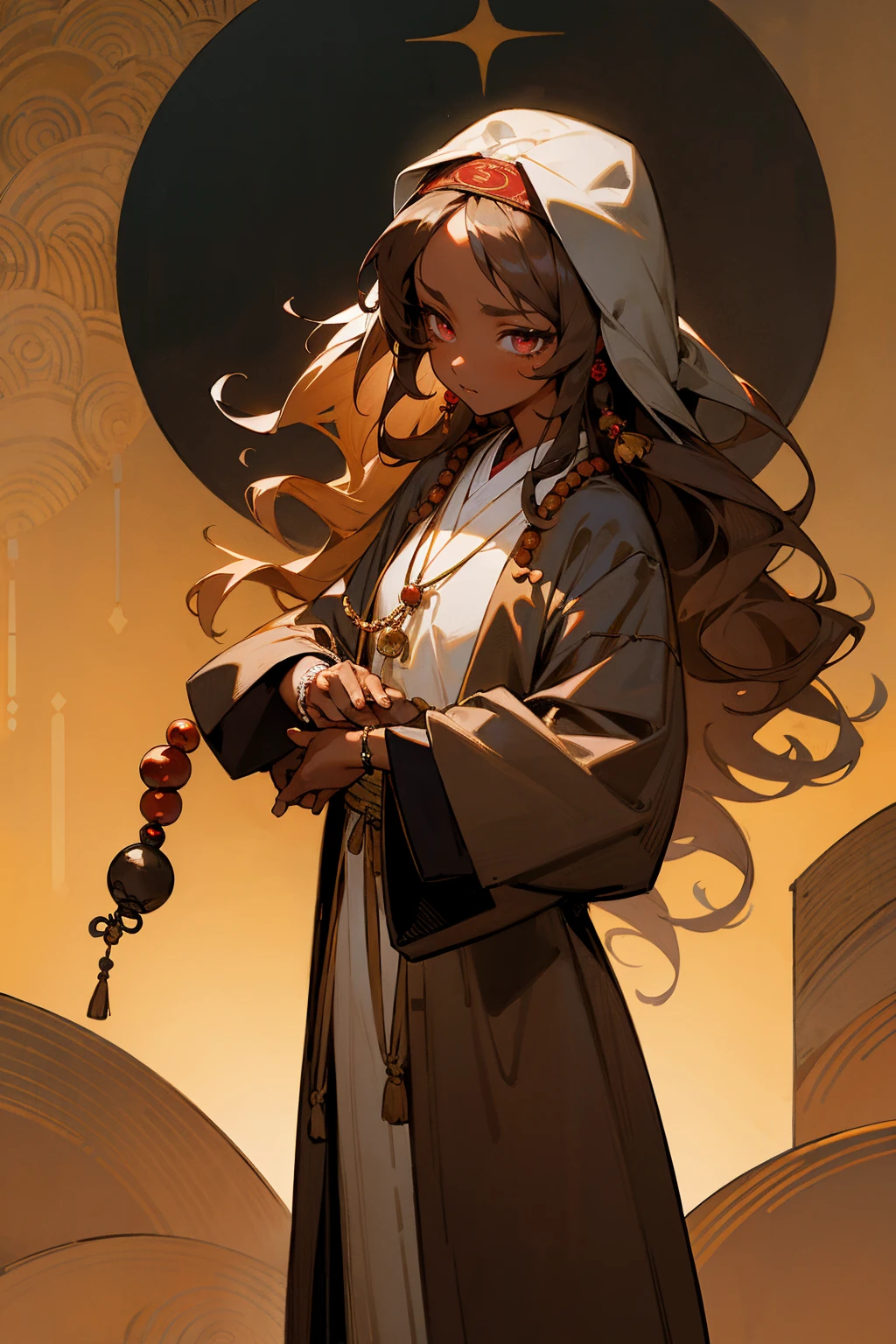 Masterpiece Quality, Perfect Generation, Sclera, Detailed Eyes, Tanned Skin, Dark Skin, Brown Wavy Long Hair, Baggy Priest Clothing, Prayer Beads, Female, Old Japanese Background, Facing Viewer