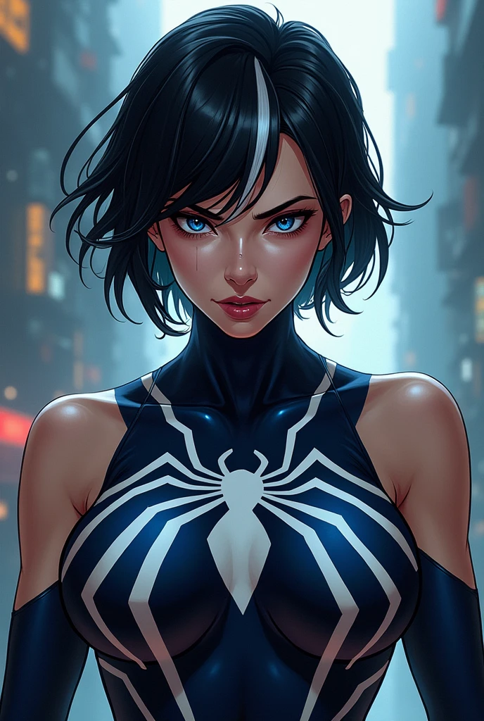 spider panel verse asian spider woman with white streak and short black hair with navy blue eyes with an angry look