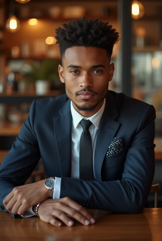 Somali boy age 20 years old wearing suit sitting in the coffee shop seening the camera 