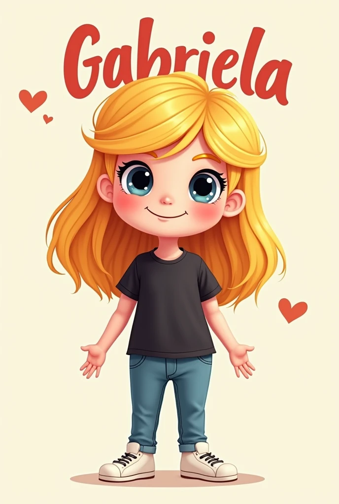 create a cute cover with the name Gabriela with a cute mascot drawing of a happy smile, big blonde hair, skin fair,
dressed in a black blouse, jeans and white sneakers