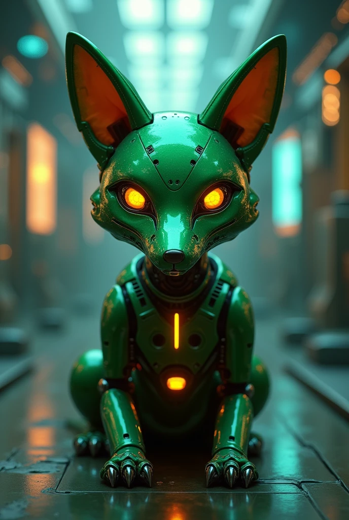 green anthropomorphic fox robot in first person