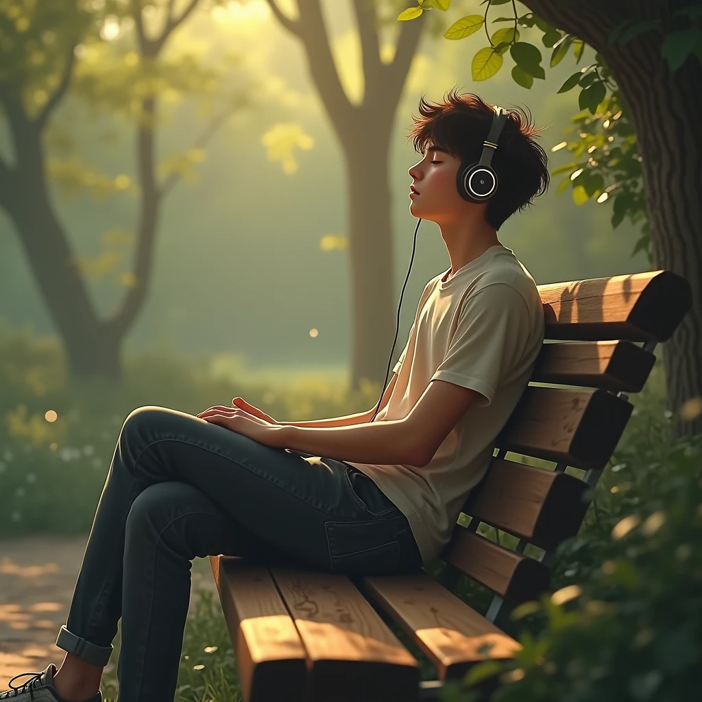 Create a picture for my music channel which I am to set on profile this should be ai image for boy wearing headphones in a relax mode listening music sitting on a bench 