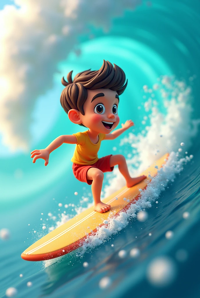 a boy riding a surfboard on the sea,presented in a style inspired by Pop Mart and Disney,featuring a blurred and dreamlike atmosphere,playful use of shapes,and showcasing lively and youthful images in an ad poster.Rendered in a 3D cartoon style, the poster exhibits the best quality with the utilization of 3D rendering techniques such as OC rendering,Blender,and C4D.The lighting is soft,and the quality is high,offering an 8K