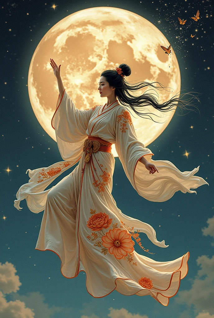 ((best quality)), moon goddess chang'e and a moon behind and ancient Japanese style and flying as if she wanted to reach the moon, One of her hands is raised towards the moon, It must look old, the sleeves of his suit are long , the moon is very far away from her old