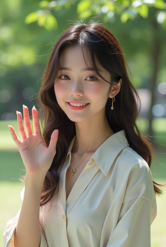 (8K,Raw photo、Raw photo、top-quality、Master masterpiece:1.2)、ultra-detailliert、Super Resolution、(Photorealsitic:1.3)、Angle to shoot from the front、Clearly draw shades of light、high resolution RAW color photos、professional photograpy、Same skin type as humans、Female proofreading of Japan from head to foot、Blur the background、Draws faithfully to anatomy、Very detailed and beautiful、Ultra-high image quality、long、Hair swaying and sexy、Very detailed beautiful girl、(Pink Eye Shadow)、smil、Plain clothe、Park on a sunny day、Loosely curly hair、wave her hand、piercings、a necklace
