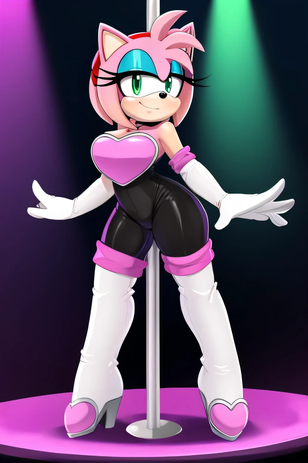 score_9, score_8_up, 2D, flat color, looking at viewer, (1girl), (solo), very detailed, extremely detailed, Amy Rose from the sonic the hedgehog series, portrait, smile, looking at viewers, hair down, hair bangs, large bust, milf, Rouge cosplay, cosplay, Rouge outfit, she wears a black skin-tight and strapless low-cut jumpsuit, a pink heart-shaped chest plate outlined with thin white trim, elbow-length white gloves and thigh-high high-heeled boots with pink cuffs to match them, with the latter featuring both gray soles and heels, along with steel toes in the appearance of pink hearts, matching her jumpsuit's chest plate, standing on a pole on the stage as she becomes a pole dancer, a night club with blue and purple disco lighting