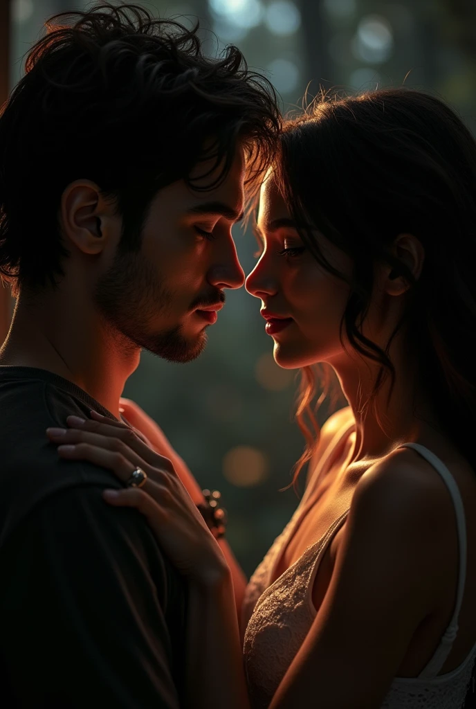 photorealistic, (couple portrait) Kaya Scodelario and Matthew Daddario as lovers, intimate lovers' gaze, shadows creating a mysterious ambiance, (dark) color scheme, dramatic lighting emphasizing their expressions, soft focus on the background, emotionally charged atmosphere, high-quality detail, ultra-detailed textures, moody and intimate setting.