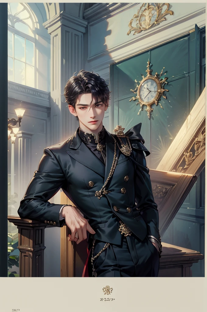 ((Best quality)), ((masterpiece)), (detailed), ((perfect face)), ((halfbody)) handsome face, male, teen boy,  perfect proportions , a character from anime ashita no nadja, phantom thief outfit, detailed library interior scenery background 