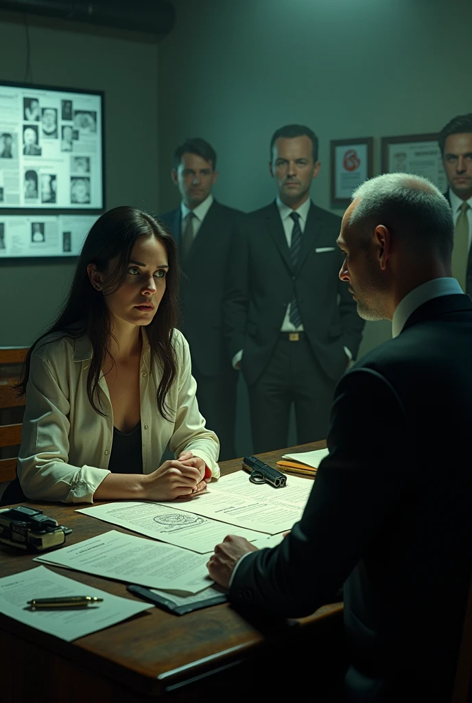 Dark basement a table full of papers and hologram. She: long black hair, silk shirt, green eyes, voluptuous body. She explains distractedly and concentrated, while a man, in a black suit and a lascivious look, He watches her enraptured, He has short hair, grey eyes, strong jaw, muscled body. around, Three men plan a crime with the girl. but the man only has eyes for her. A gun on the table and a crime board on the wall