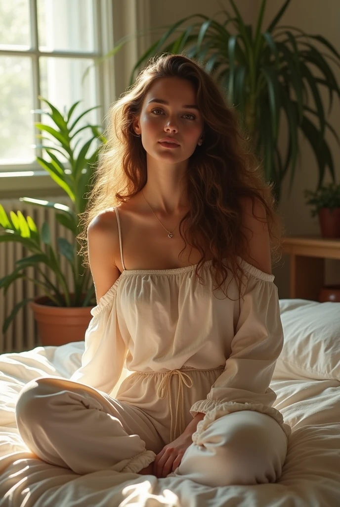 (photorealism:1.2), beautiful woman, sitting on bed, wearing loose off-shoulder top, pajama pants, long curly hair, indoors, soft lighting, plants in background, window with sunlight, cozy room, relaxed pose, realistic, intricate details, warm colors, by Greg Rutkowski, by Alphonse Mucha